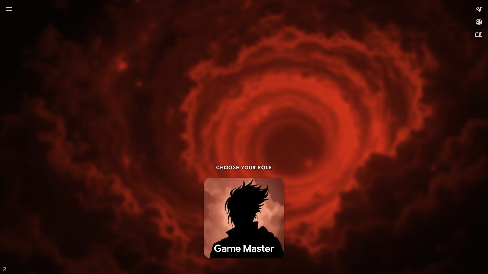 The Scene Machine stage: the Choose Your Role scene, with the Game Master's tile over a swirling red vortex